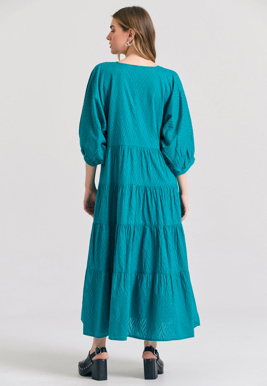 Rochie semi-cămașă lejeră cu volane din material jacquard - Peacock