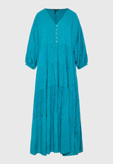 Rochie semi-cămașă lejeră cu volane din material jacquard - Peacock