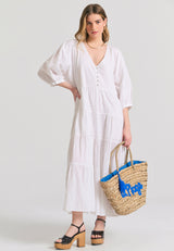 Loose fit semi-shirt dress with ruffles in jacquard fabric - White