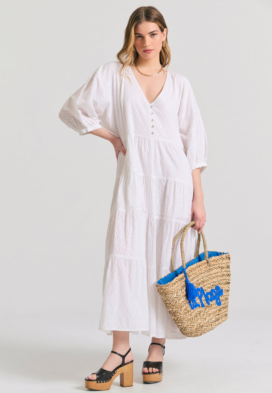 Loose fit semi-shirt dress with ruffles in jacquard fabric - White