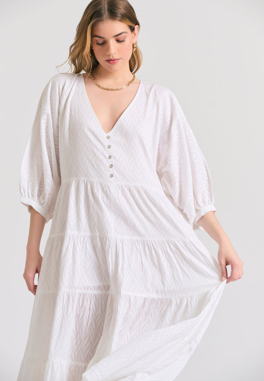 Loose fit semi-shirt dress with ruffles in jacquard fabric - White