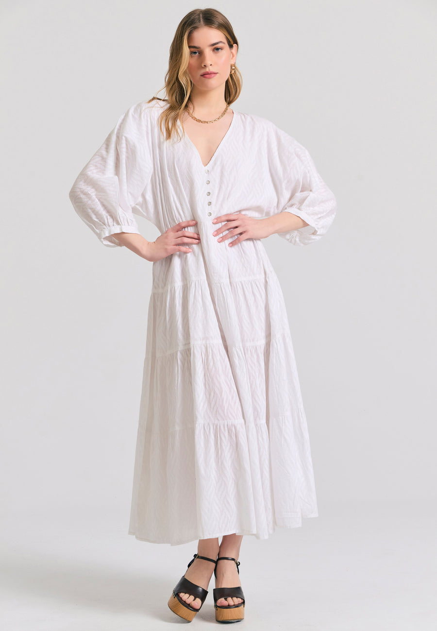 Loose fit semi-shirt dress with ruffles in jacquard fabric - White