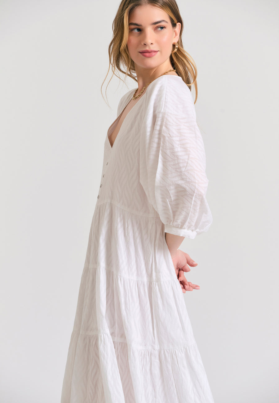 Loose fit semi-shirt dress with ruffles in jacquard fabric - White