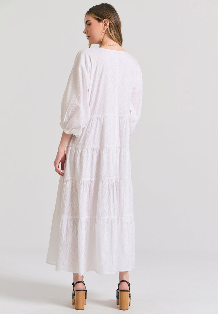 Loose fit semi-shirt dress with ruffles in jacquard fabric - White