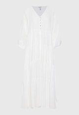 Loose fit semi-shirt dress with ruffles in jacquard fabric - White