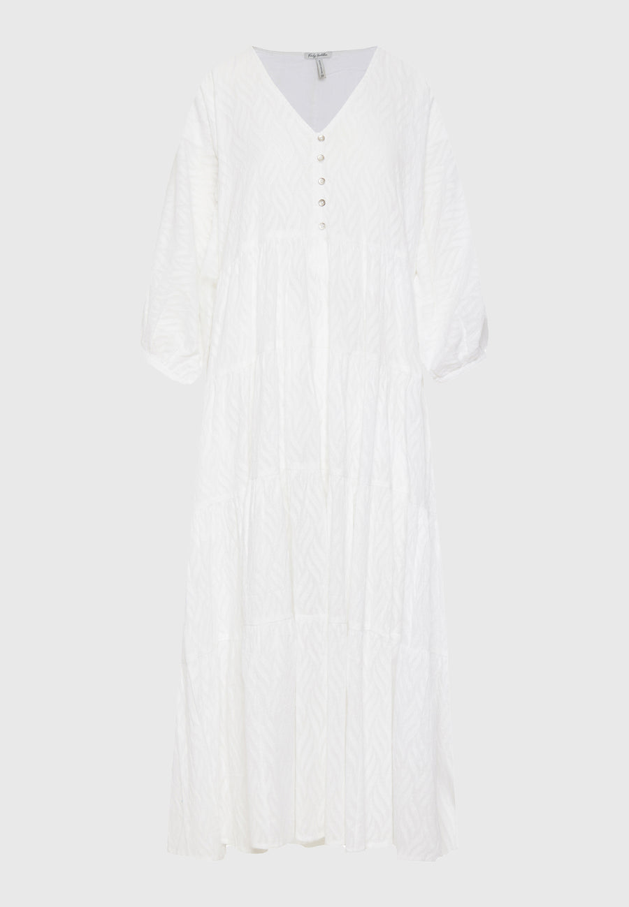 Loose fit semi-shirt dress with ruffles in jacquard fabric - White