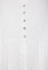 Loose fit semi-shirt dress with ruffles in jacquard fabric - White