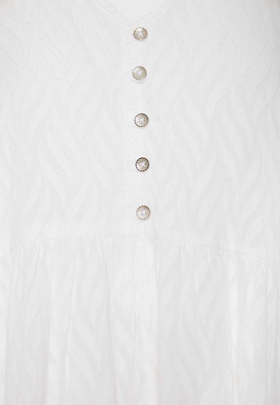 Loose fit semi-shirt dress with ruffles in jacquard fabric - White