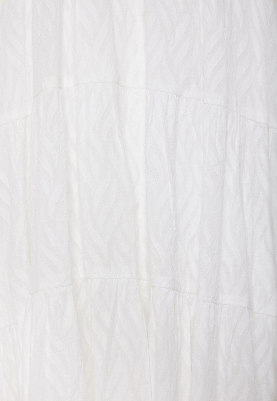 Loose fit semi-shirt dress with ruffles in jacquard fabric - White