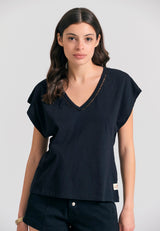 Women's linen blend plain t-shirt - Black