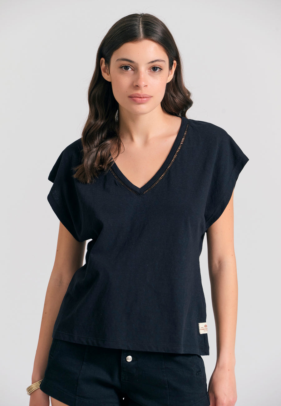 Women's linen blend plain t-shirt - Black