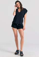 Women's linen blend plain t-shirt - Black