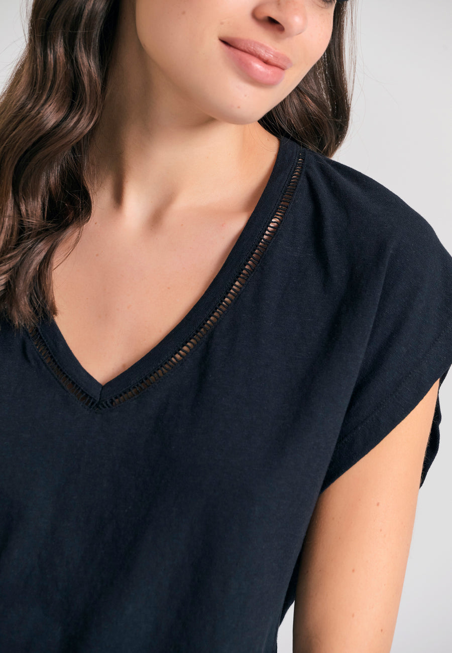 Women's linen blend plain t-shirt - Black