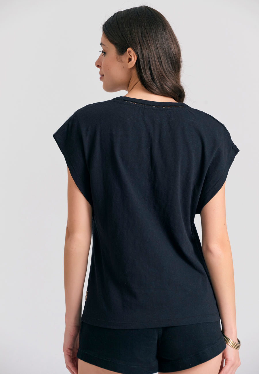 Women's linen blend plain t-shirt - Black