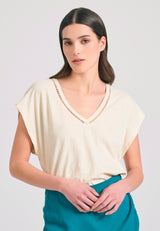 Women's linen blend plain t-shirt - Chalk