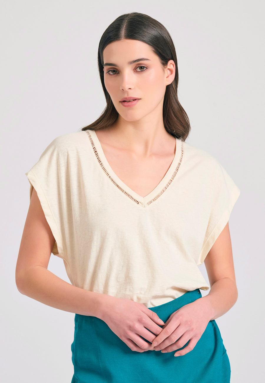 Women's linen blend plain t-shirt - Chalk