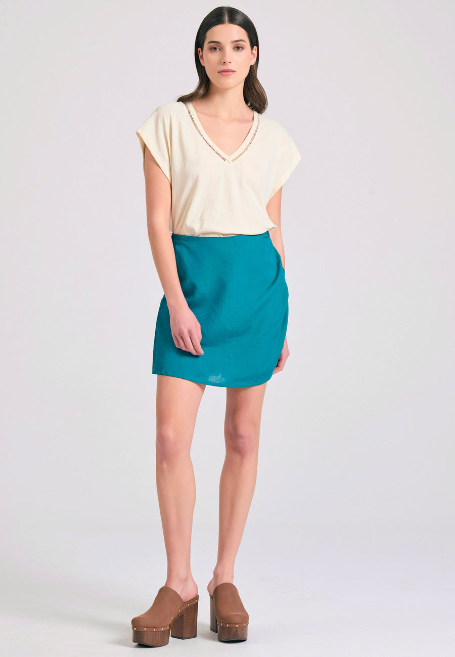 Women's linen blend plain t-shirt - Chalk