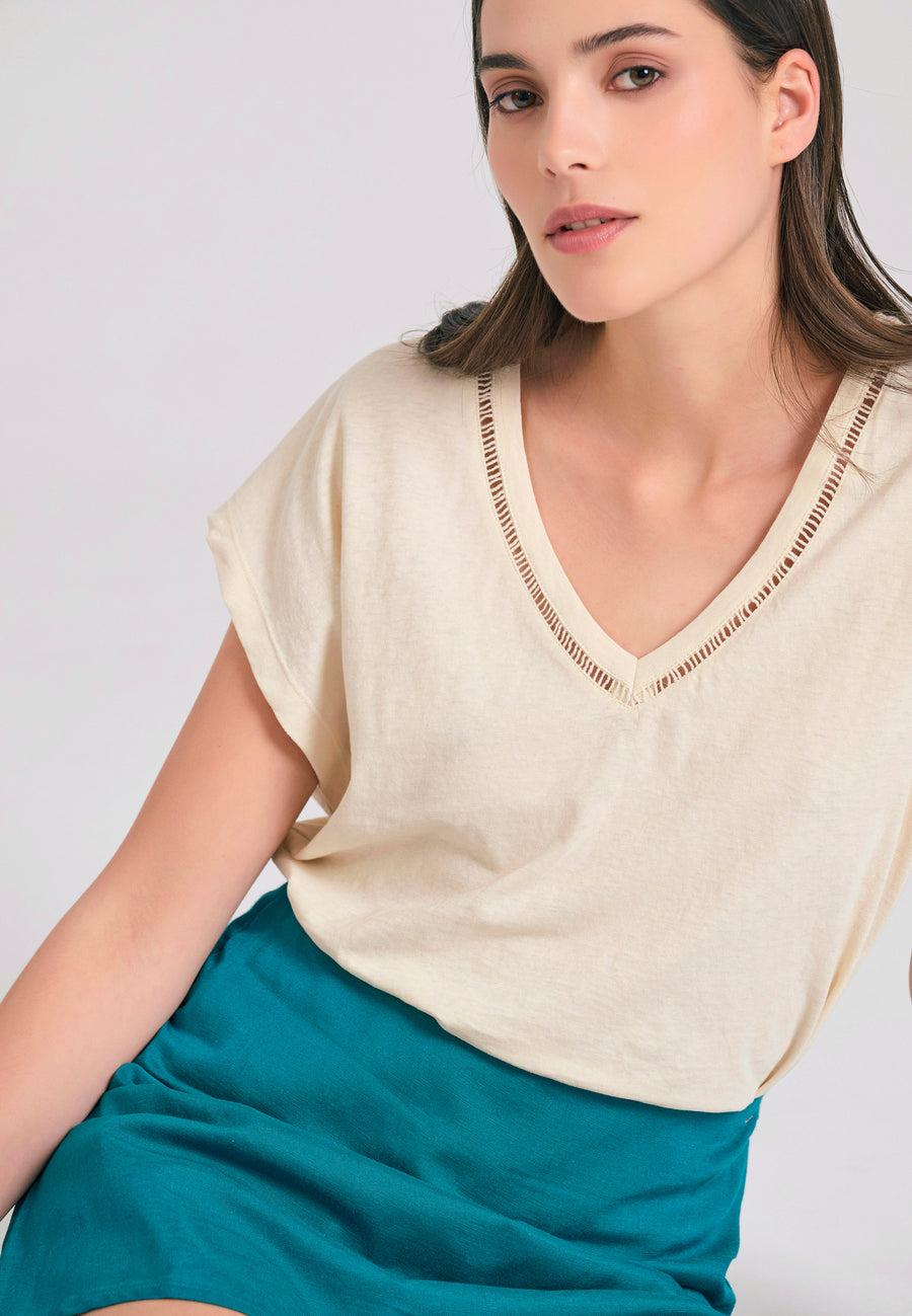 Women's linen blend plain t-shirt - Chalk