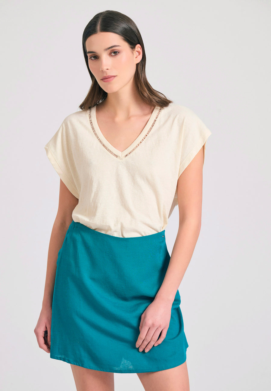 Women's linen blend plain t-shirt - Chalk