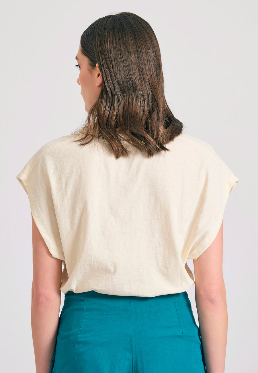Women's linen blend plain t-shirt - Chalk
