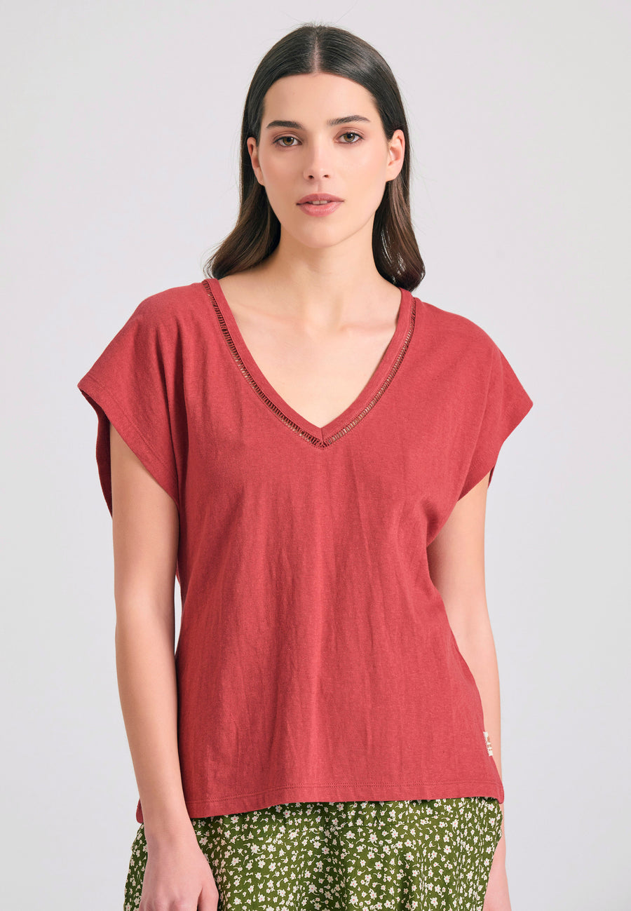 Tricou simplu din amestec de in pentru femei - Roșu pământ