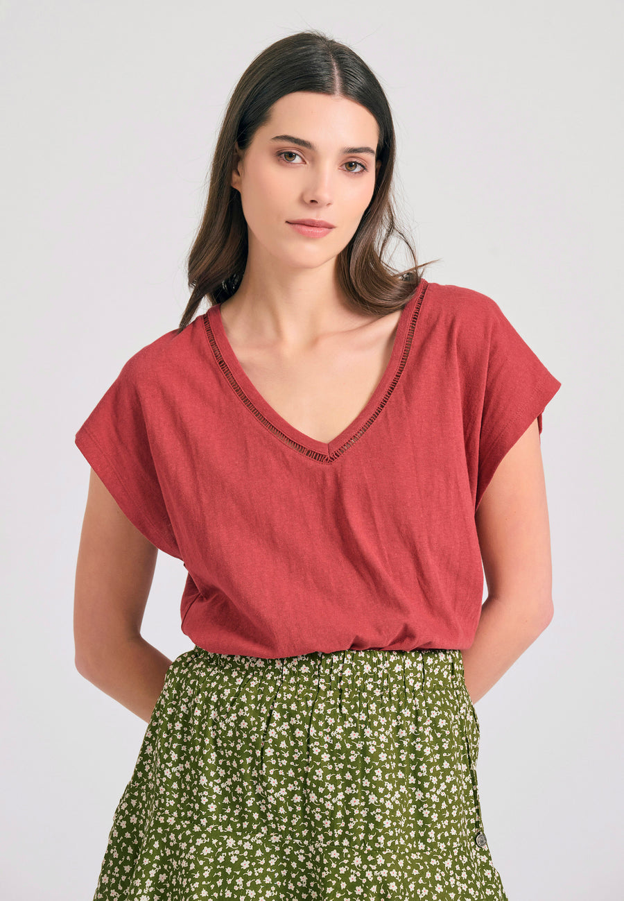 Tricou simplu din amestec de in pentru femei - Roșu pământ
