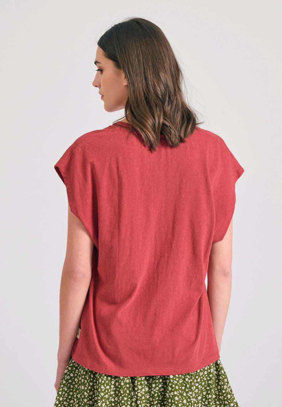 Tricou simplu din amestec de in pentru femei - Roșu pământ