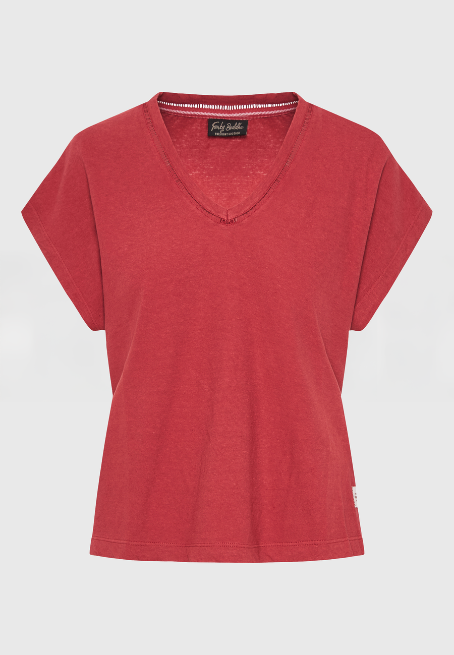 Tricou simplu din amestec de in pentru femei - Roșu pământ