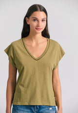 Women's linen blend plain t-shirt - Olive