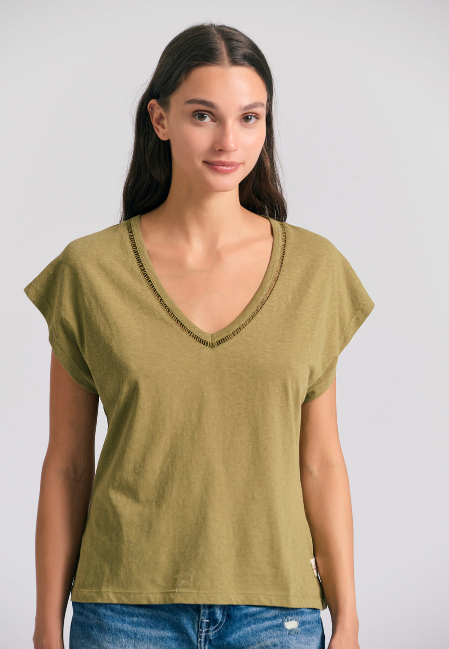 Women's linen blend plain t-shirt - Olive