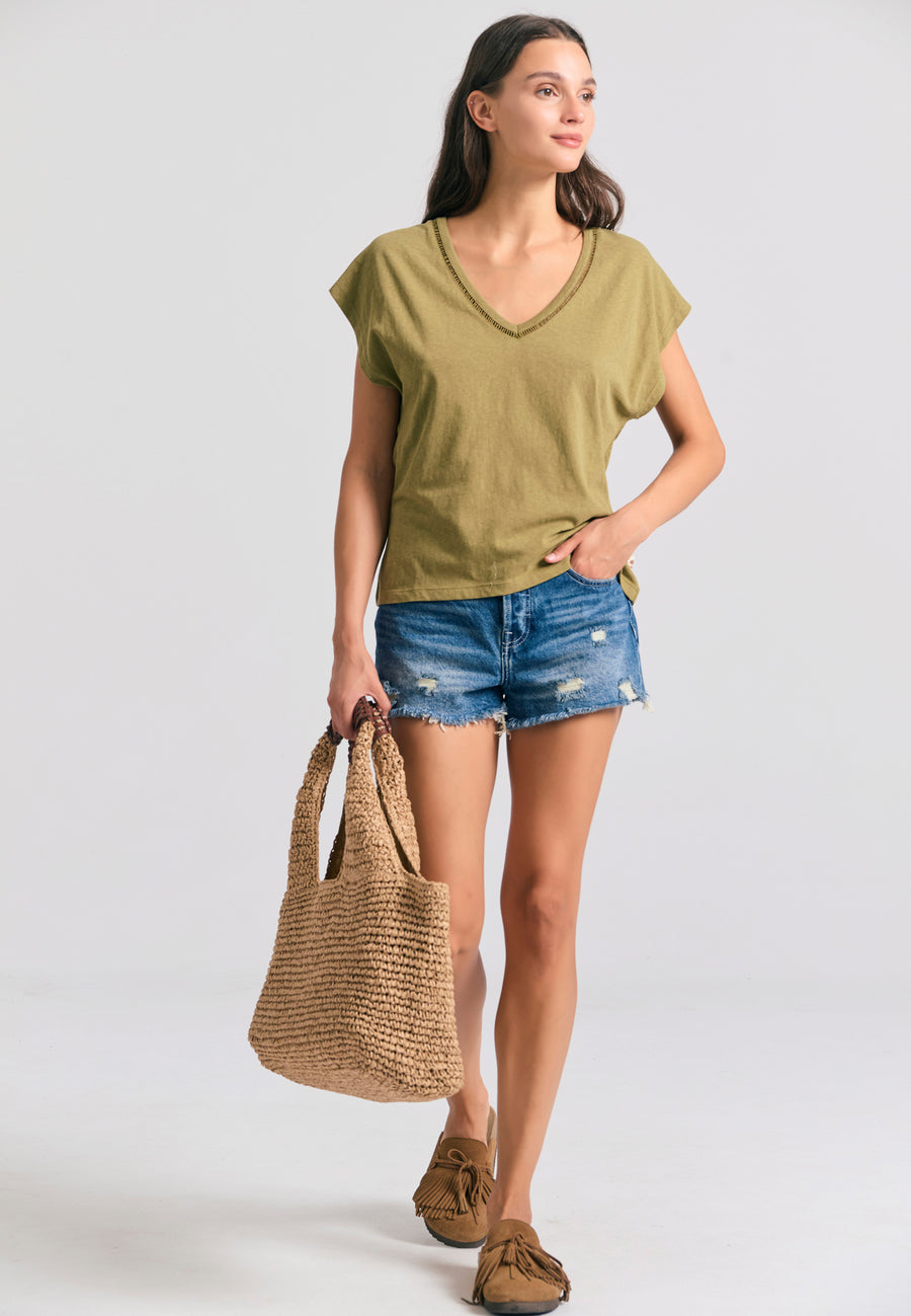 Women's linen blend plain t-shirt - Olive
