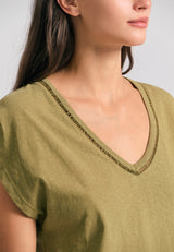 Women's linen blend plain t-shirt - Olive