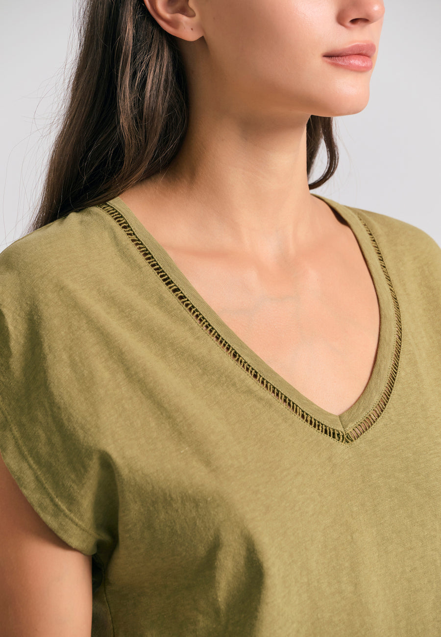 Women's linen blend plain t-shirt - Olive
