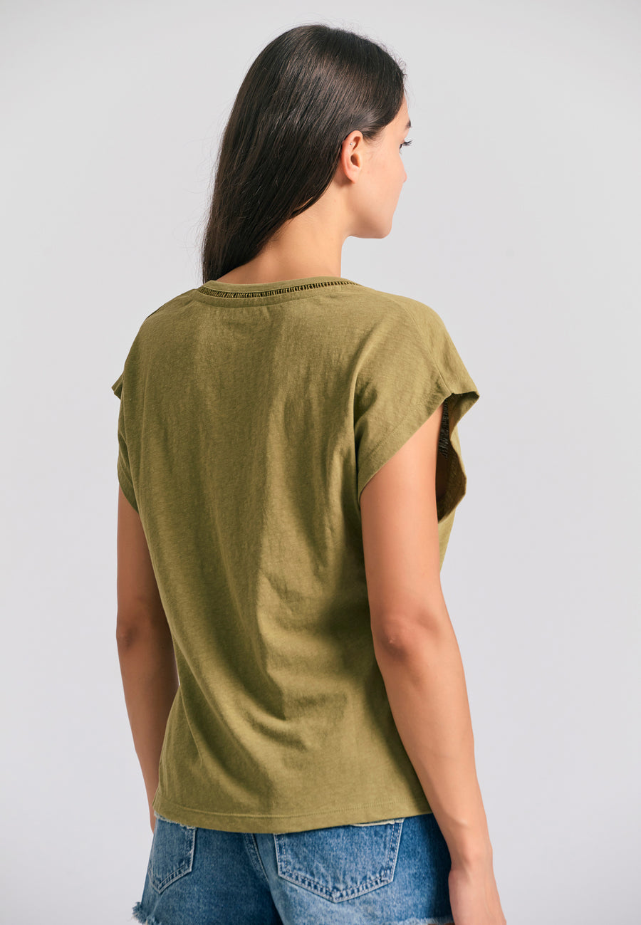 Women's linen blend plain t-shirt - Olive