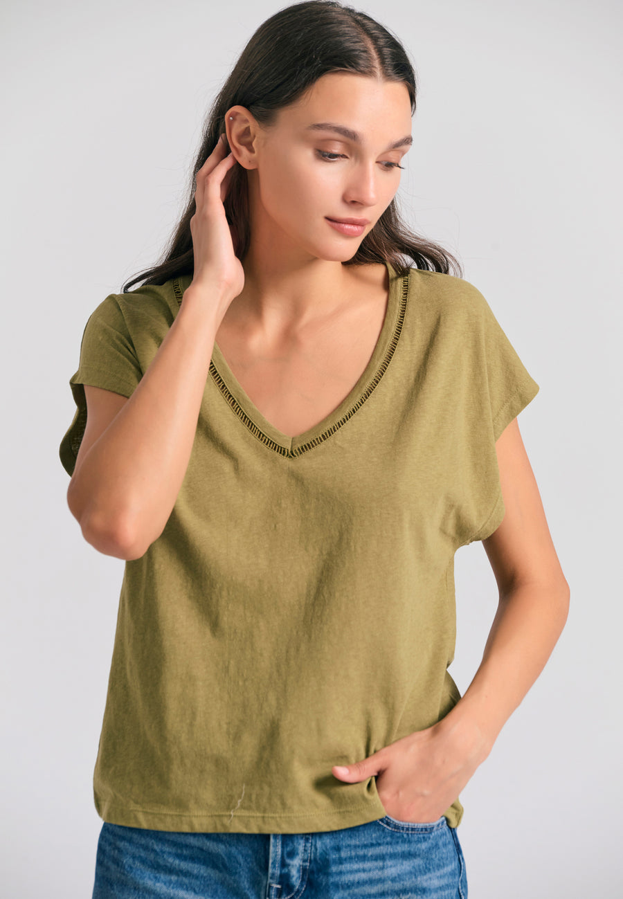 Women's linen blend plain t-shirt - Olive