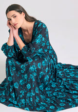 Loose fit all over printed maxi semi-shirt dress with ruffles - Peacock