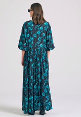 Loose fit all over printed maxi semi-shirt dress with ruffles - Peacock