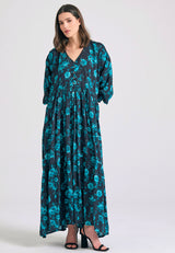 Loose fit all over printed maxi semi-shirt dress with ruffles - Peacock