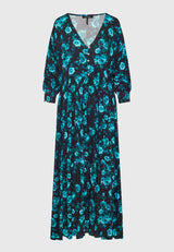 Loose fit all over printed maxi semi-shirt dress with ruffles - Peacock