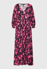 Loose fit all over printed maxi semi-shirt dress with ruffles - Raspberry