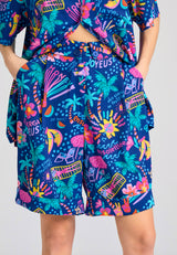 Women's shorts with all over tropical print - Midnight blue