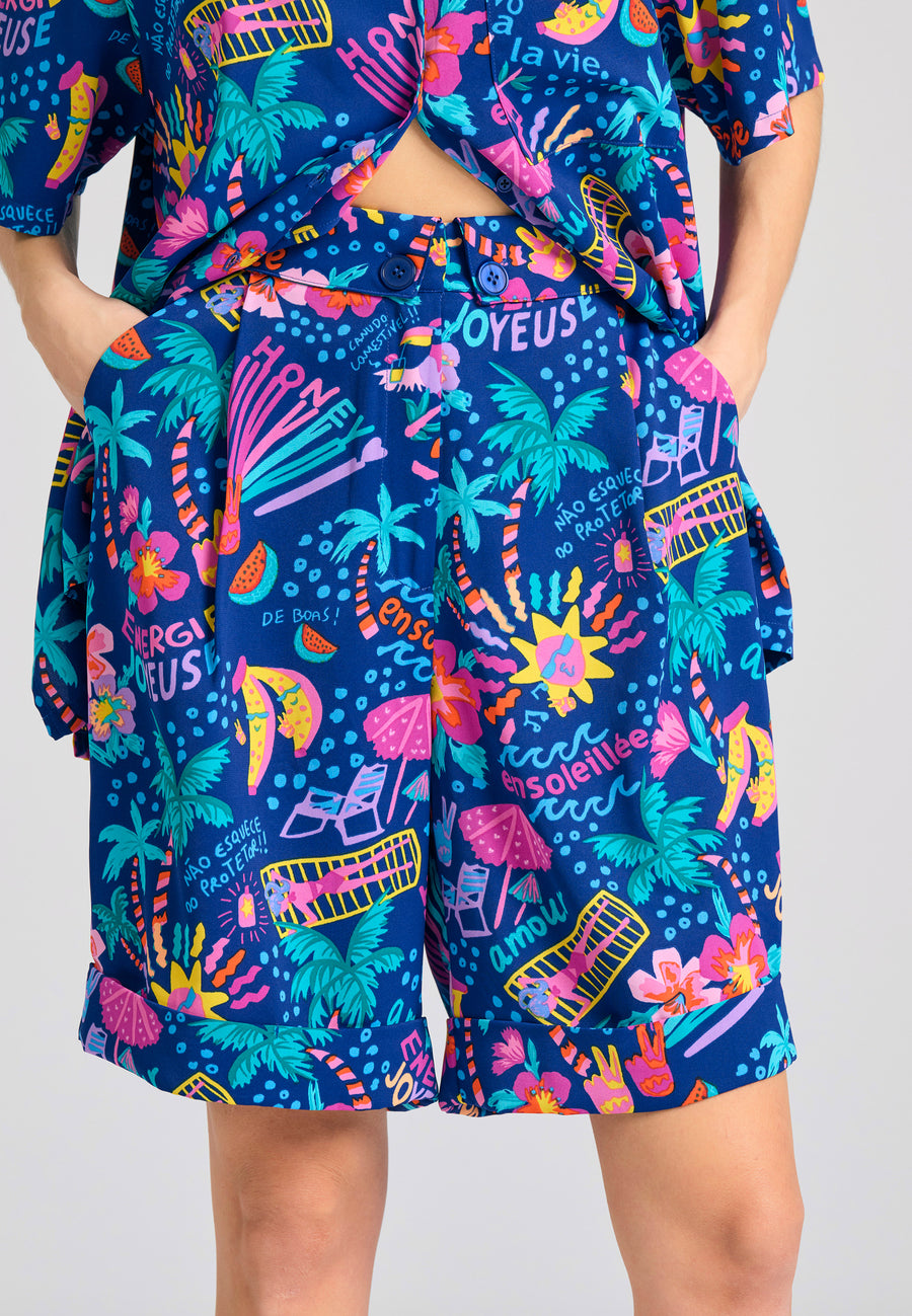 Women's shorts with all over tropical print - Midnight blue