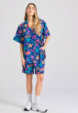 Women's shorts with all over tropical print - Midnight blue