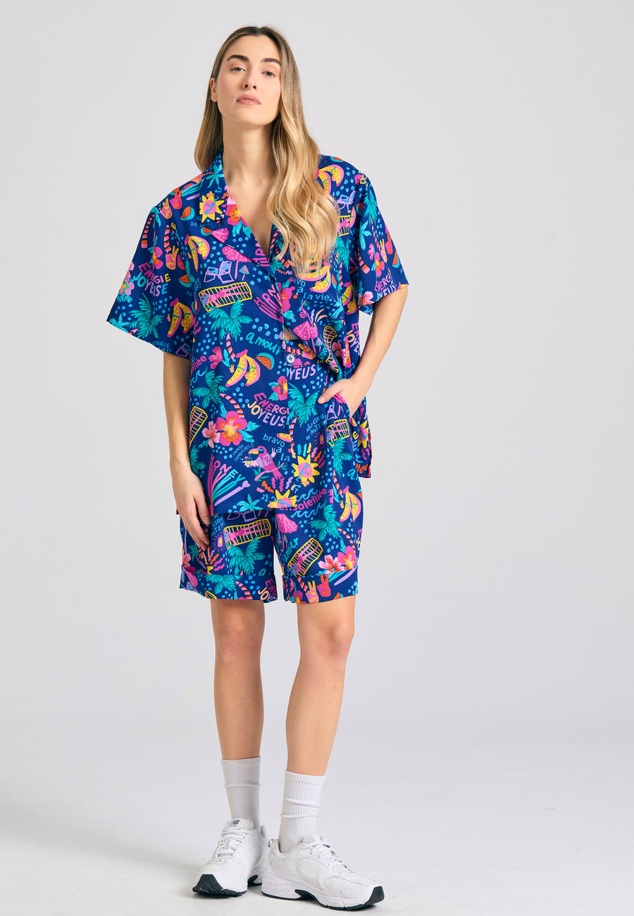 Women's shorts with all over tropical print - Midnight blue