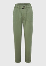Pantaloni din amestec de lyocell cu curea în talie - Verde vânătoresc
