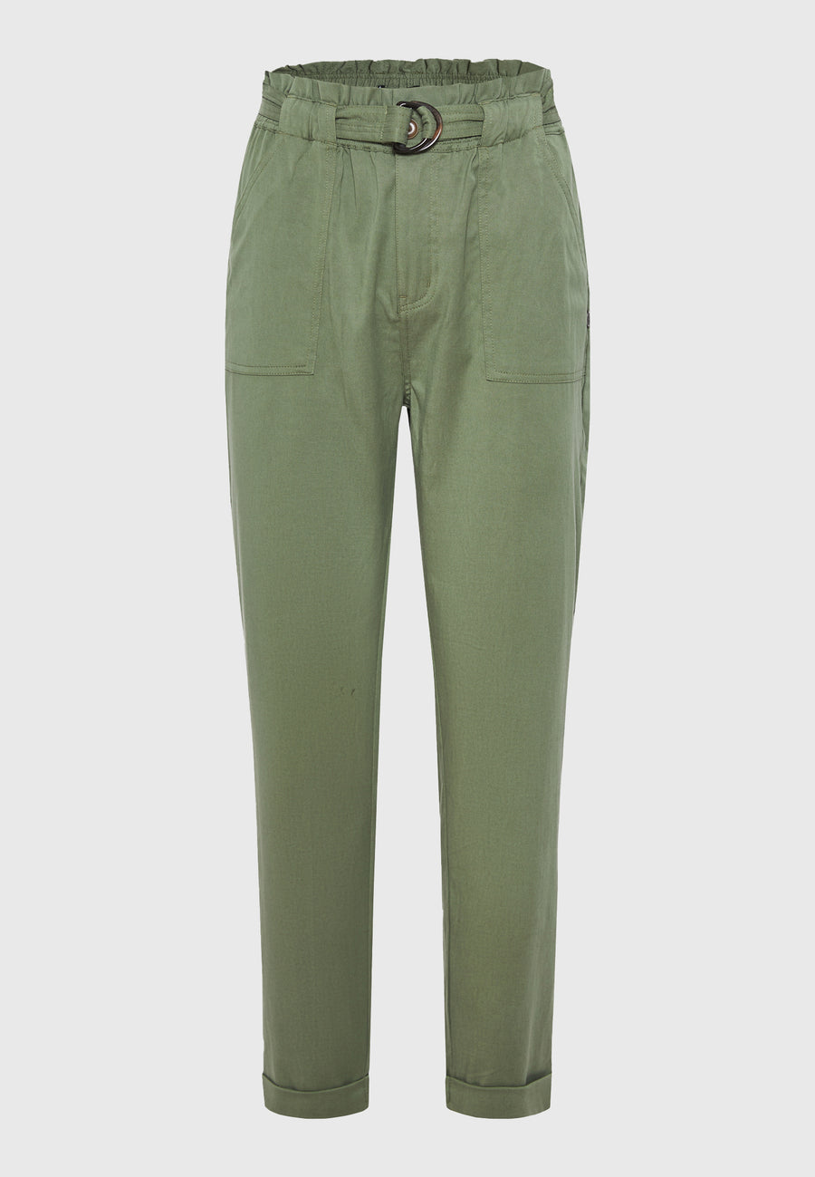 Pantaloni din amestec de lyocell cu curea în talie - Verde vânătoresc