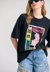 Loose fit long t-shirt with frame print on the chest - Black