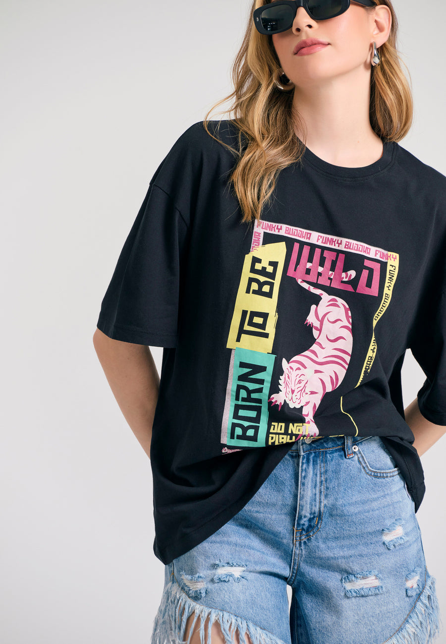 Loose fit long t-shirt with frame print on the chest - Black