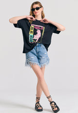 Loose fit long t-shirt with frame print on the chest - Black