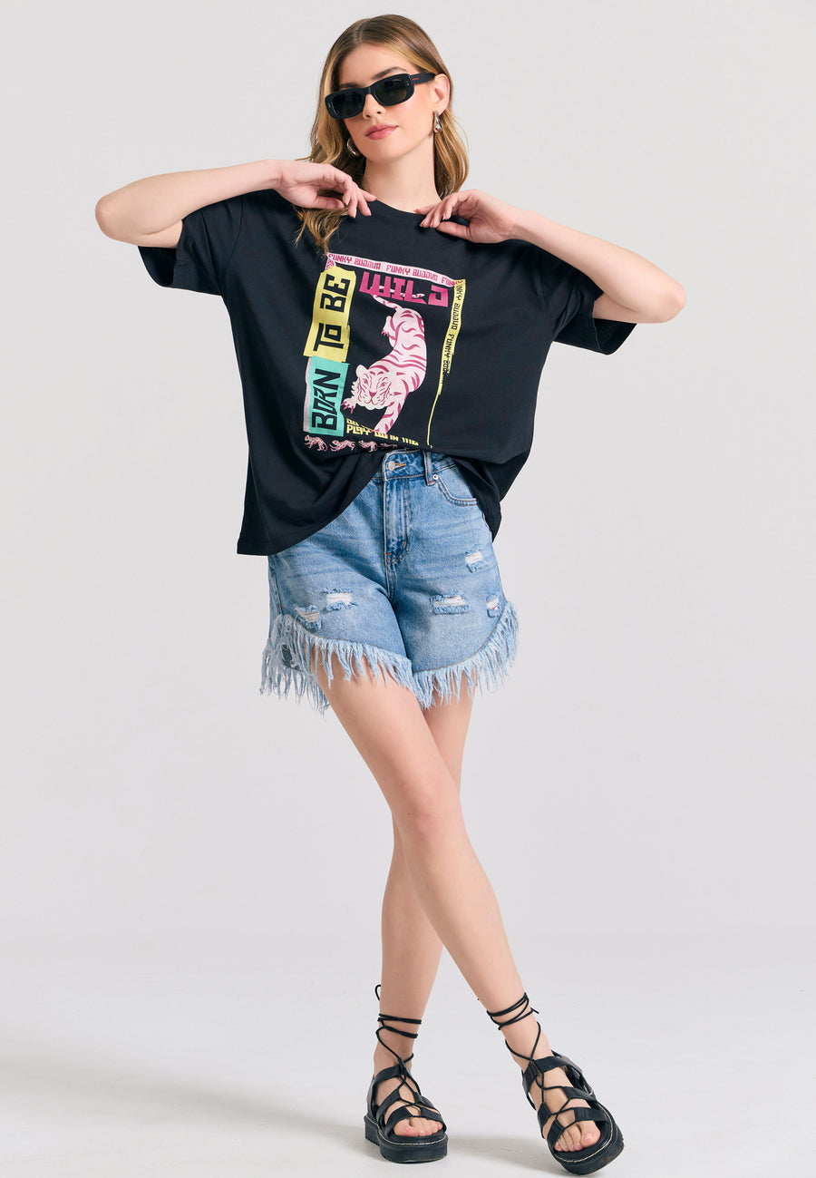 Loose fit long t-shirt with frame print on the chest - Black
